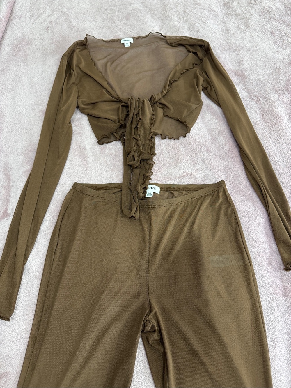 Garage Brown Sheer Mesh Tie-Front Crop Top & Pants Set